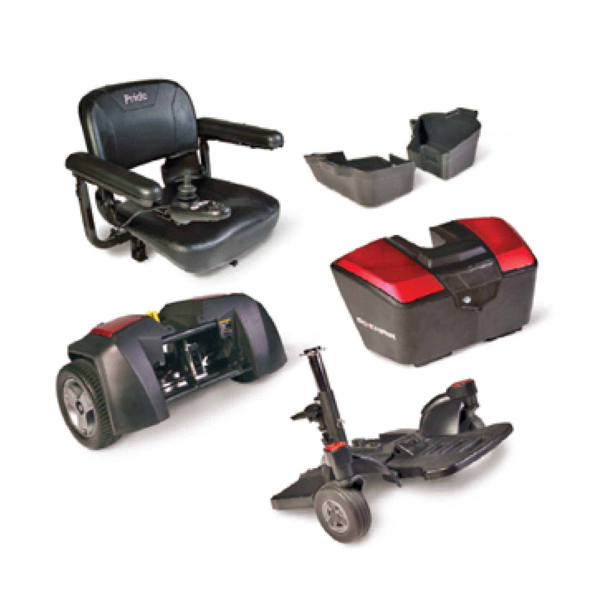 Pride Go Chair shown disassembled for transport