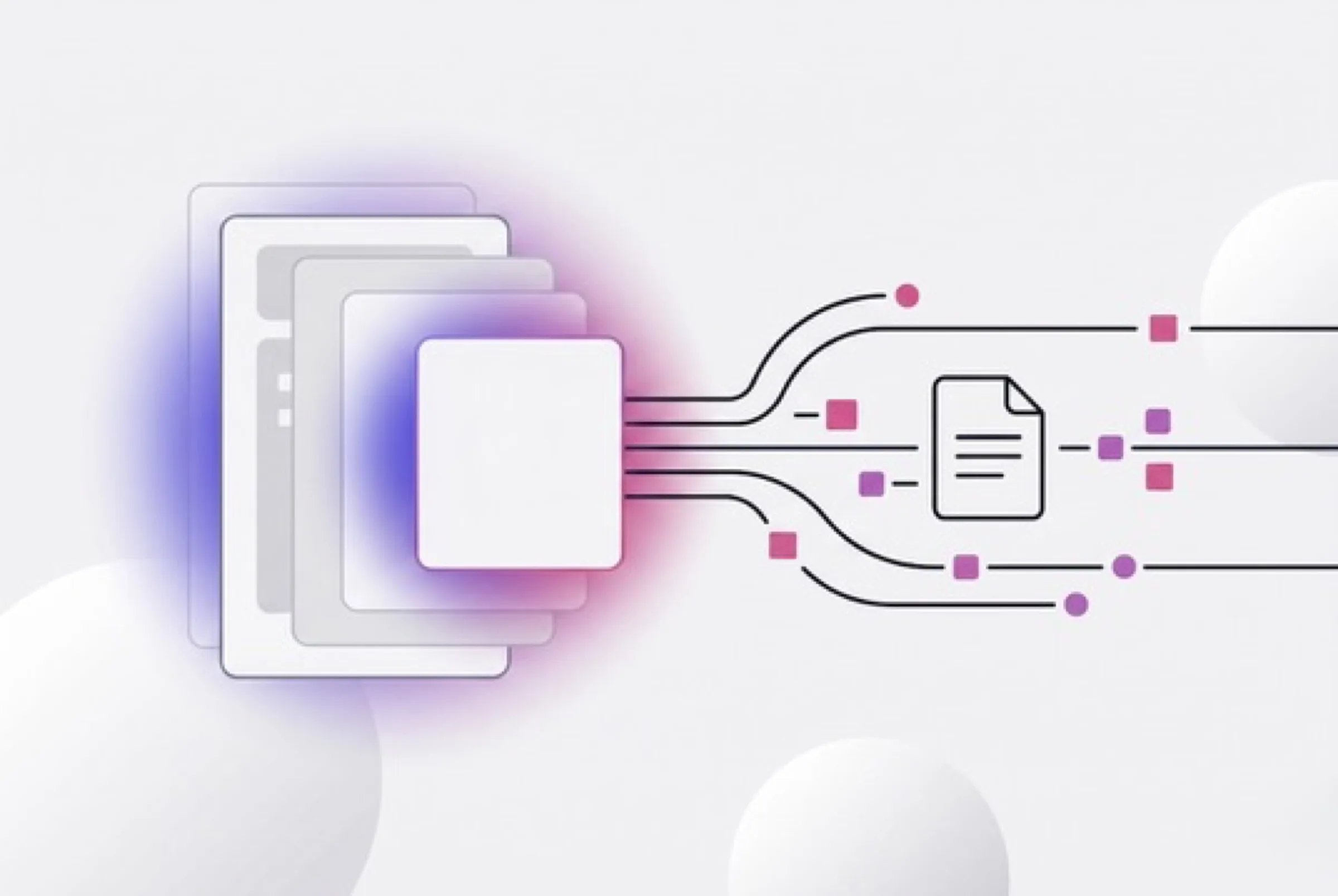 Abstract illustration of data flowing from stacked application cards to a document icon, representing cross-border data processing agreements for nearshore LATAM hiring.