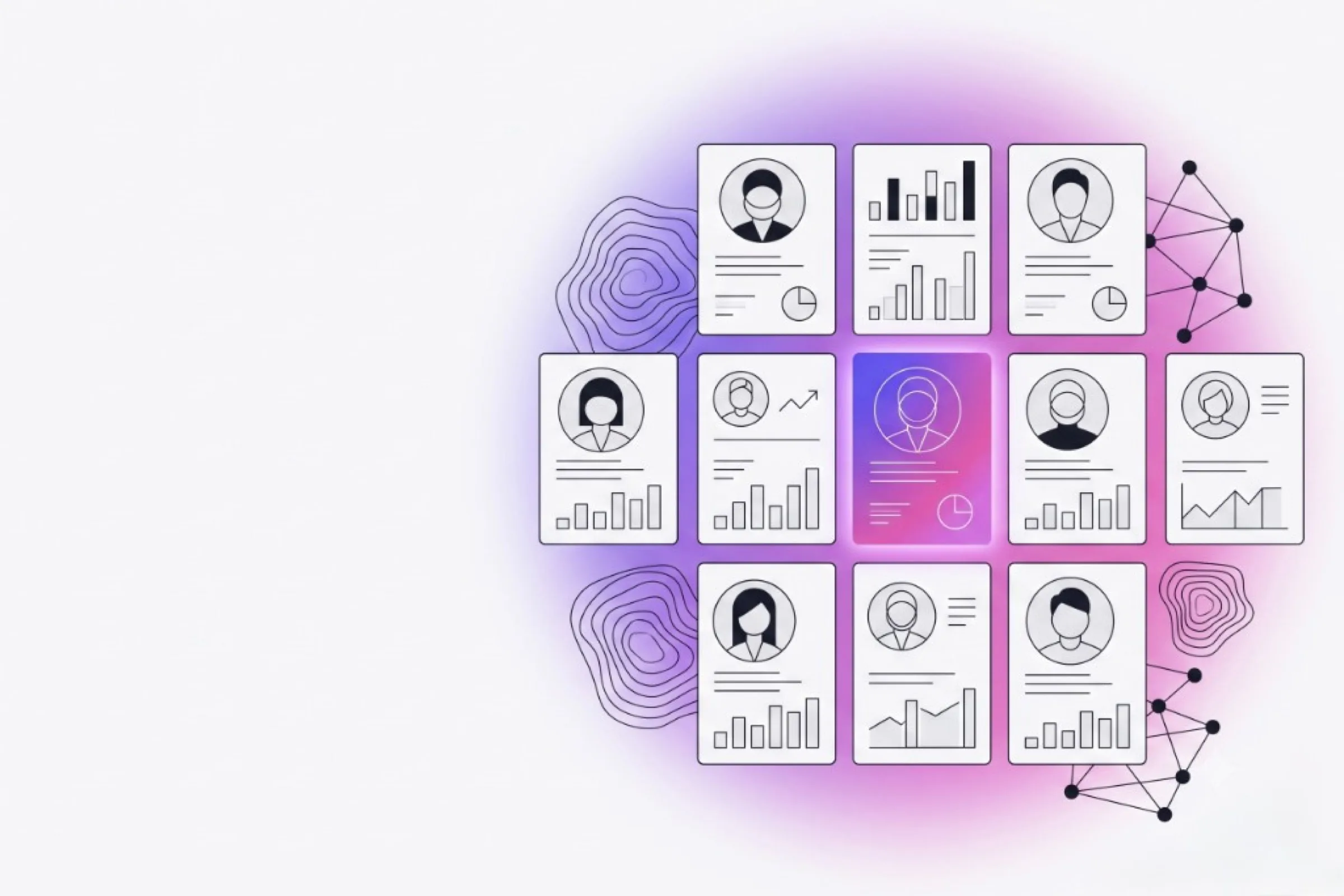 Grid of abstract candidate profile cards with one highlighted in a purple-to-pink gradient, representing vetted software developer recruitment agencies and pre-screened talent matching.