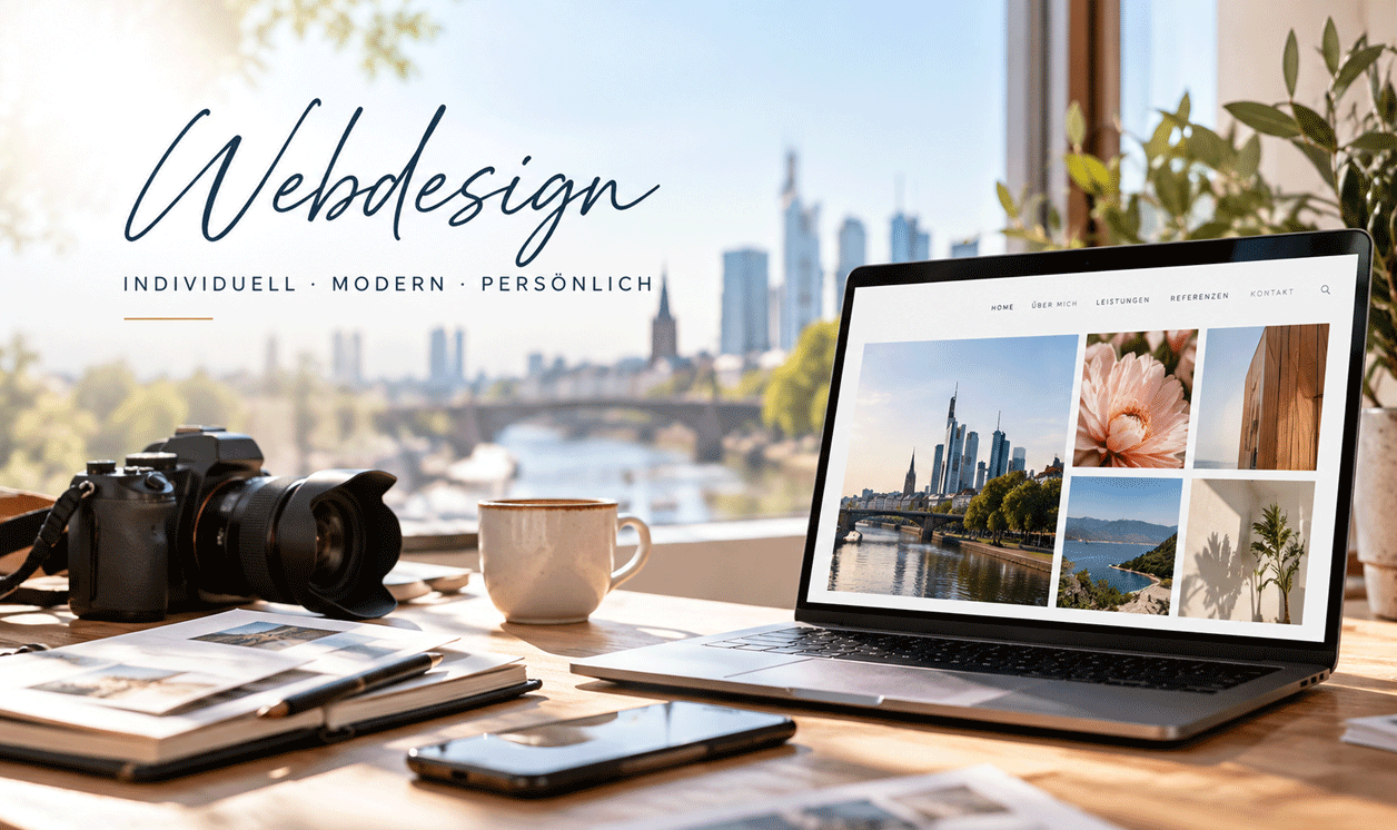 Workspace with a DSLR camera, coffee cup, smartphone, notebook, and a laptop on a wooden desk by a window overlooking a city skyline with a river and bridge, with the text 'Webdesign individuell modern persönlich' in elegant script.