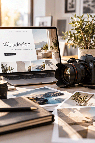 Workspace featuring a laptop displaying a web design site with images of landscapes, a DSLR camera with lens hood, printed photos of nature scenes, a notebook with pen, and a potted plant in the background.