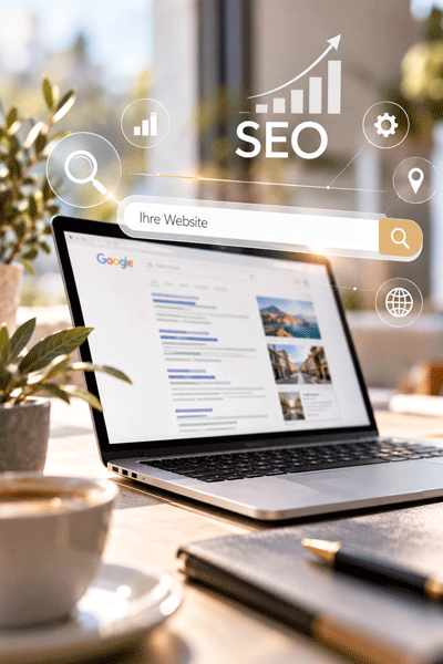 Open laptop on a wooden desk showing a Google search results page, with digital SEO icons including a growth chart and search bar overlaying the image, in a bright office setting with plants and a coffee cup nearby.