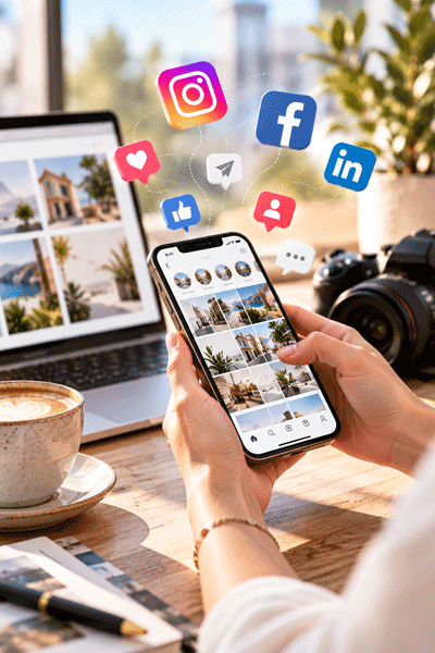 Person holding a smartphone displaying a social media photo grid with icons for Instagram, Facebook, LinkedIn, and interaction symbols floating above, with a laptop showing similar images, a camera, a coffee cup, and a notebook on a wooden table.