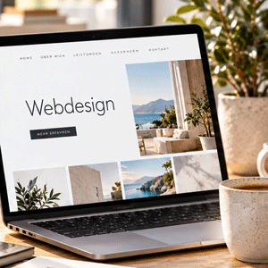 Laptop on a table displaying a web design site with landscape photos and the word 'Webdesign' on the screen, next to a potted plant and a cup of coffee.
