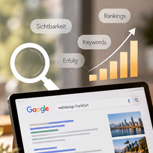 Tablet screen displaying a Google search for 'webdesign frankfurt' with search results and images, alongside a magnifying glass icon and a bar chart with upward trend arrow labeled with 'Sichtbarkeit', 'Erfolg', 'Keywords', and 'Rankings'.