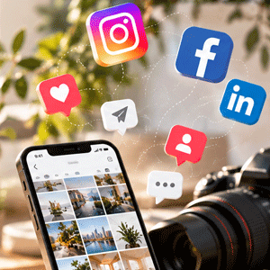 Smartphone displaying a photo gallery with social media icons Instagram, Facebook, and LinkedIn, along with interaction icons like heart, user, chat bubbles, and paper plane, floating above beside a camera lens, symbolizing social media sharing and photography.