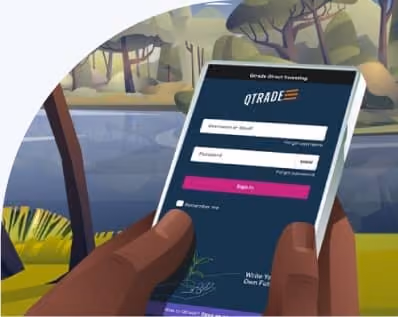 Illustration of a person holding a smartphone displaying a QTRADE login screen with fields for username and password and a magenta 'Sign In' button.