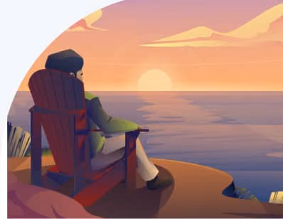 Illustration of a person sitting on a wooden chair on a cliff edge, watching a sunset over a calm ocean with soft clouds in the sky.