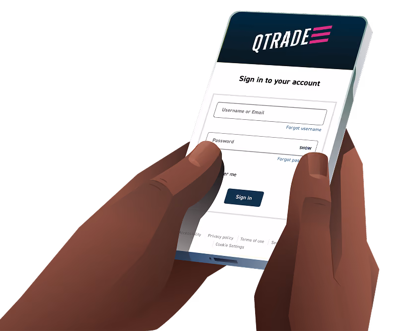 Hands holding a phone displaying a sign-in screen with username, password fields, and sign-in button.