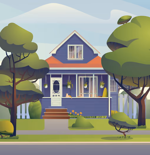 Illustration of a blue two-story house with a red roof, white front door, and porch with hanging plants and a cat sitting on the railing, surrounded by green trees and bushes.