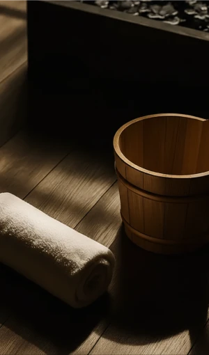 Rolled white towel and wooden bucket on dark wooden floor in dim lighting.
