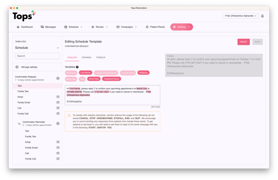TopsDPX message template editor showing a customizable text reminder for confirming upcoming orthodontic appointments.