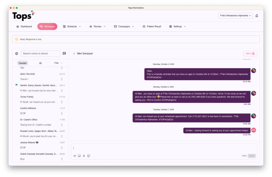 TopsDPX messaging screen showing two-way text communication between an orthodontic office and a patient about upcoming and missed appointments.