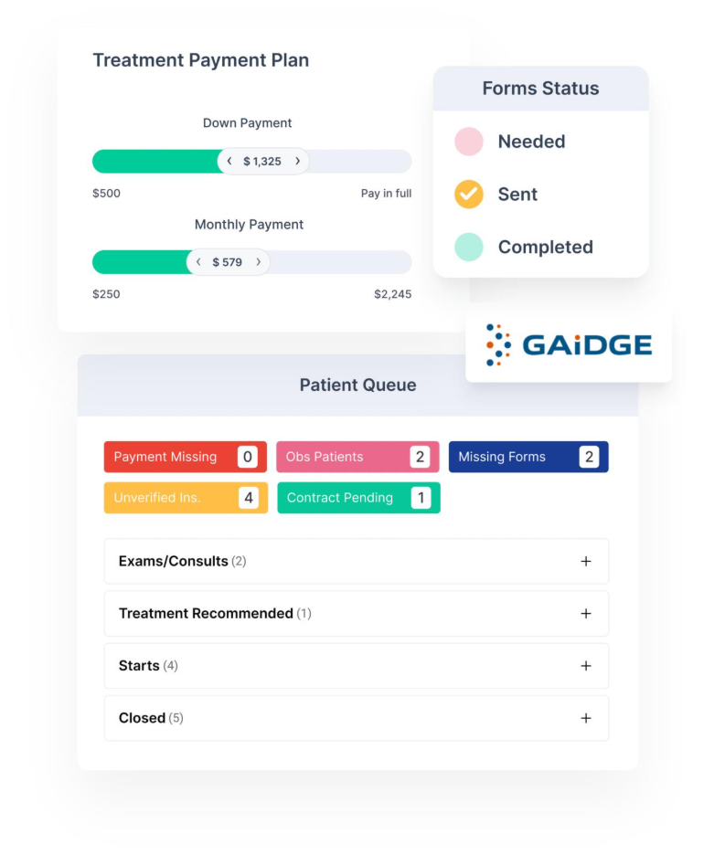 Gaidge Consult Manager in Tops shows a treatment payment slider, patient queue with payment and form statuses, and exam and start details.