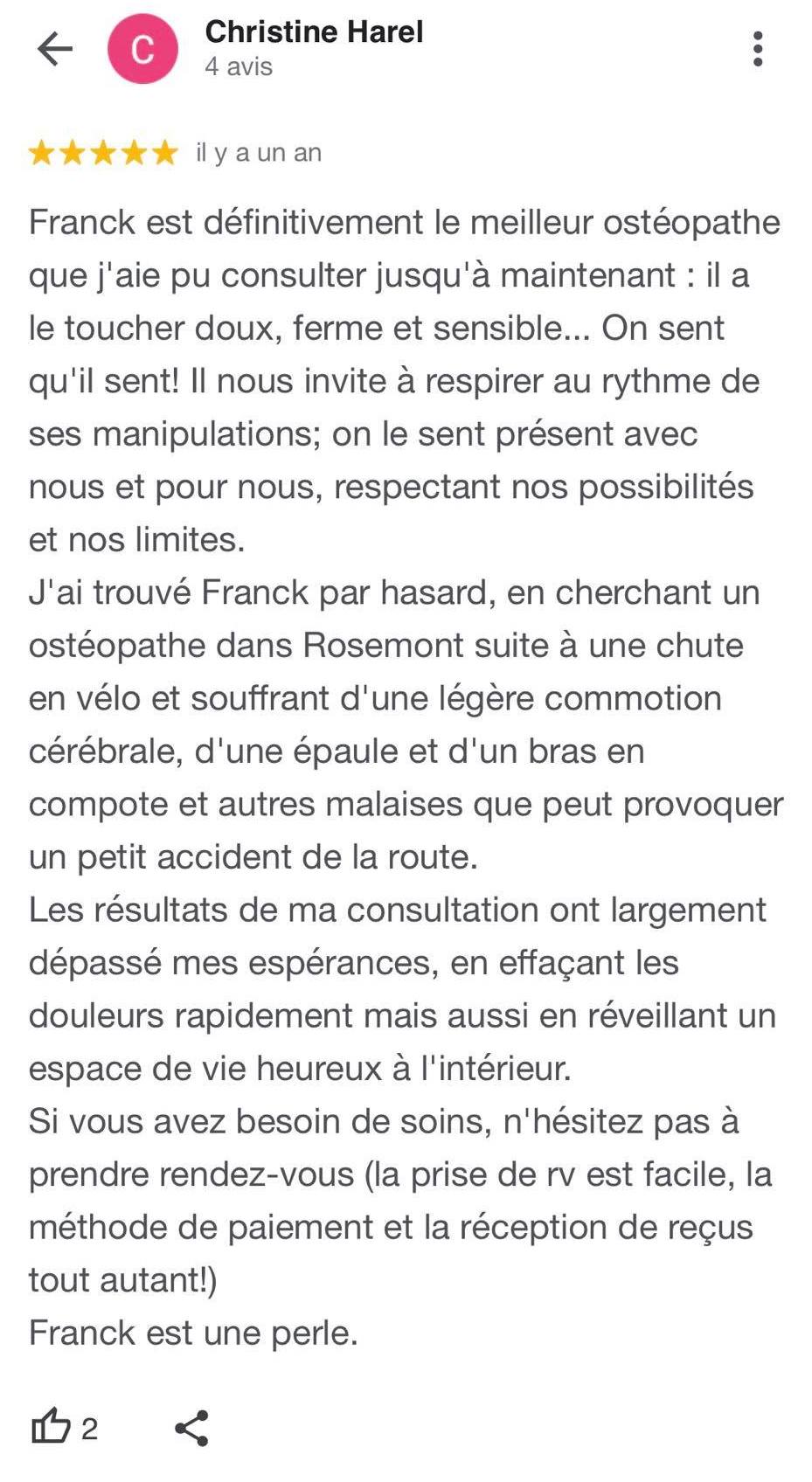 Avis de Christine sur Franck Collet ostéopathe copier à partir de Google my business.
