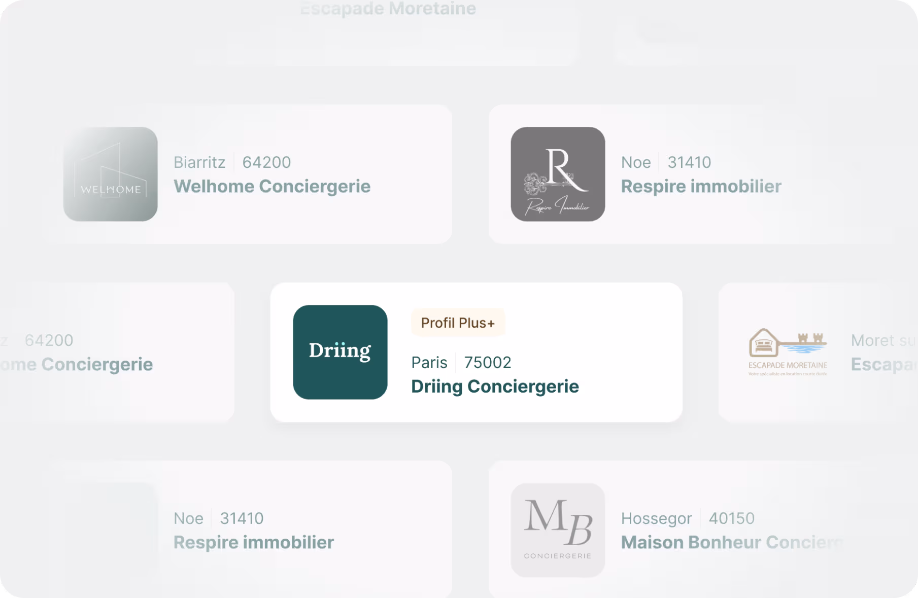 Logos et noms de plusieurs conciergeries, dont Welhome Conciergerie à Biarritz 64200, Respire immobilier à Noe 31410, Driing Conciergerie à Paris 75002, et Maison Bonheur Conciergerie à Hossegor 40150.