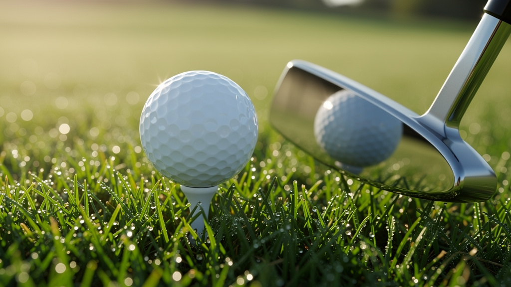 Golf putter and ball alignment closeup