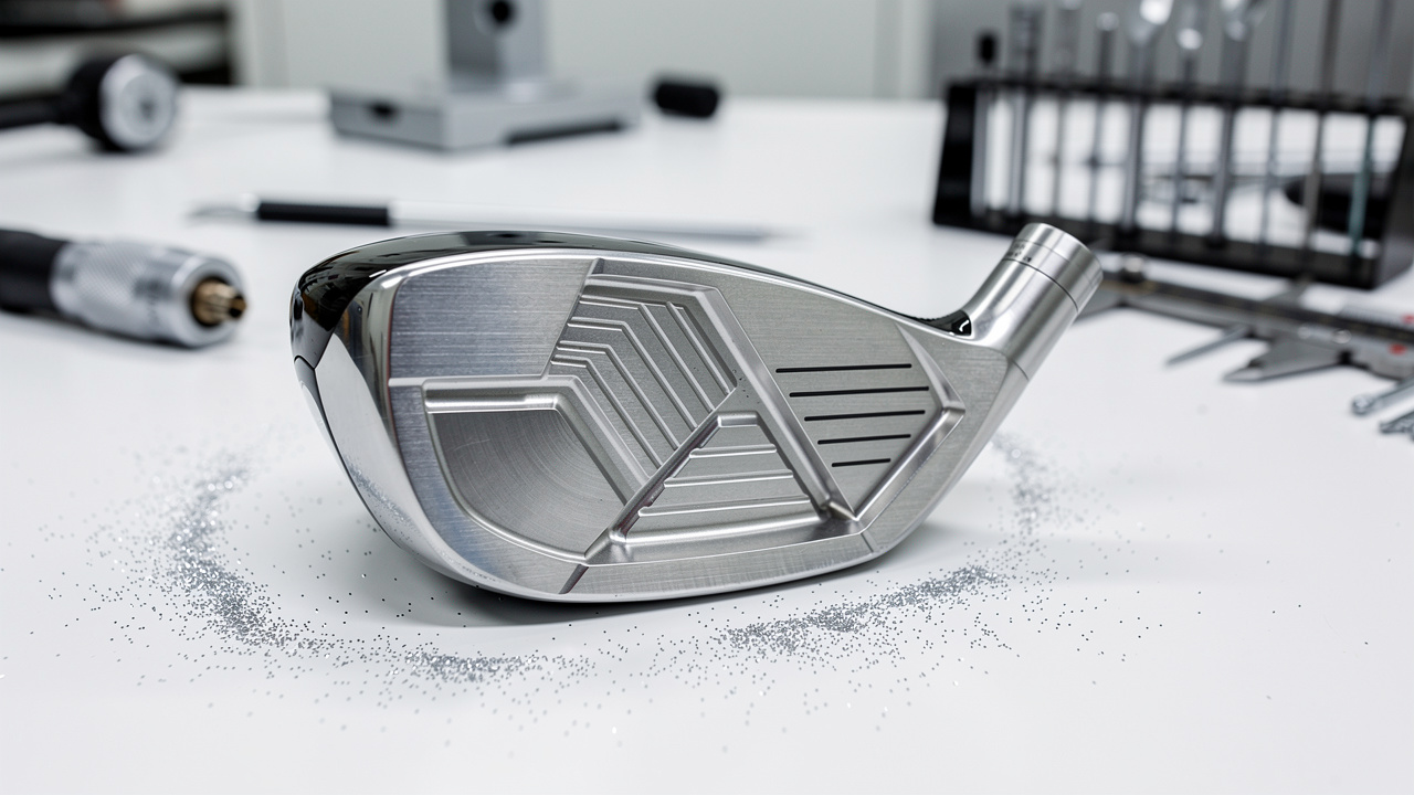 Precision-manufactured golf club head component in workshop