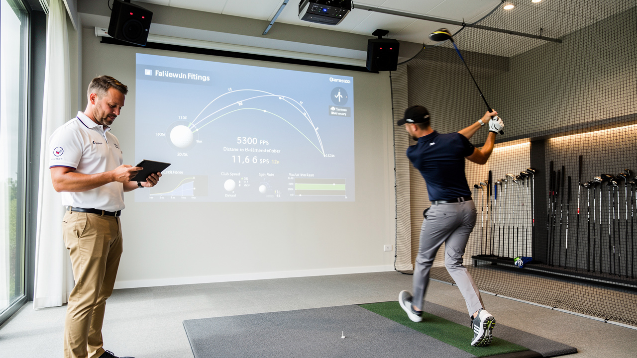 Golf professional conducting club fitting with launch monitor