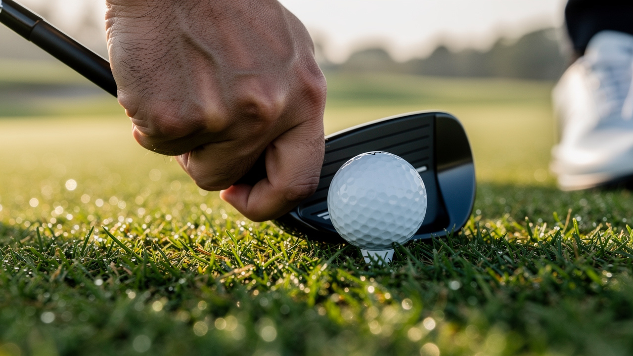 Golfer's hands positioned on iron club at address