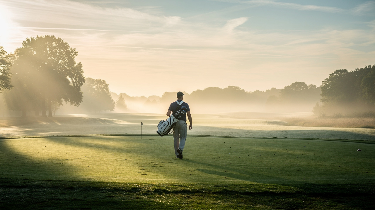 Golfer walking mindfully between shots on course