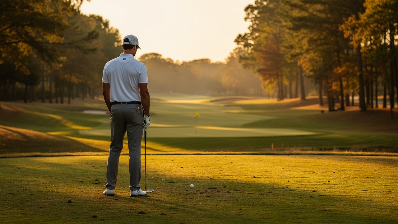 Golfer assessing shot with clear target focus