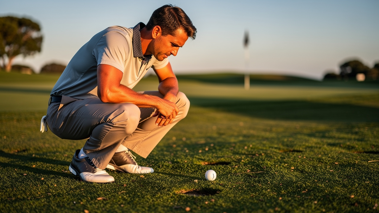 Golfer examining ball lie with focused attention