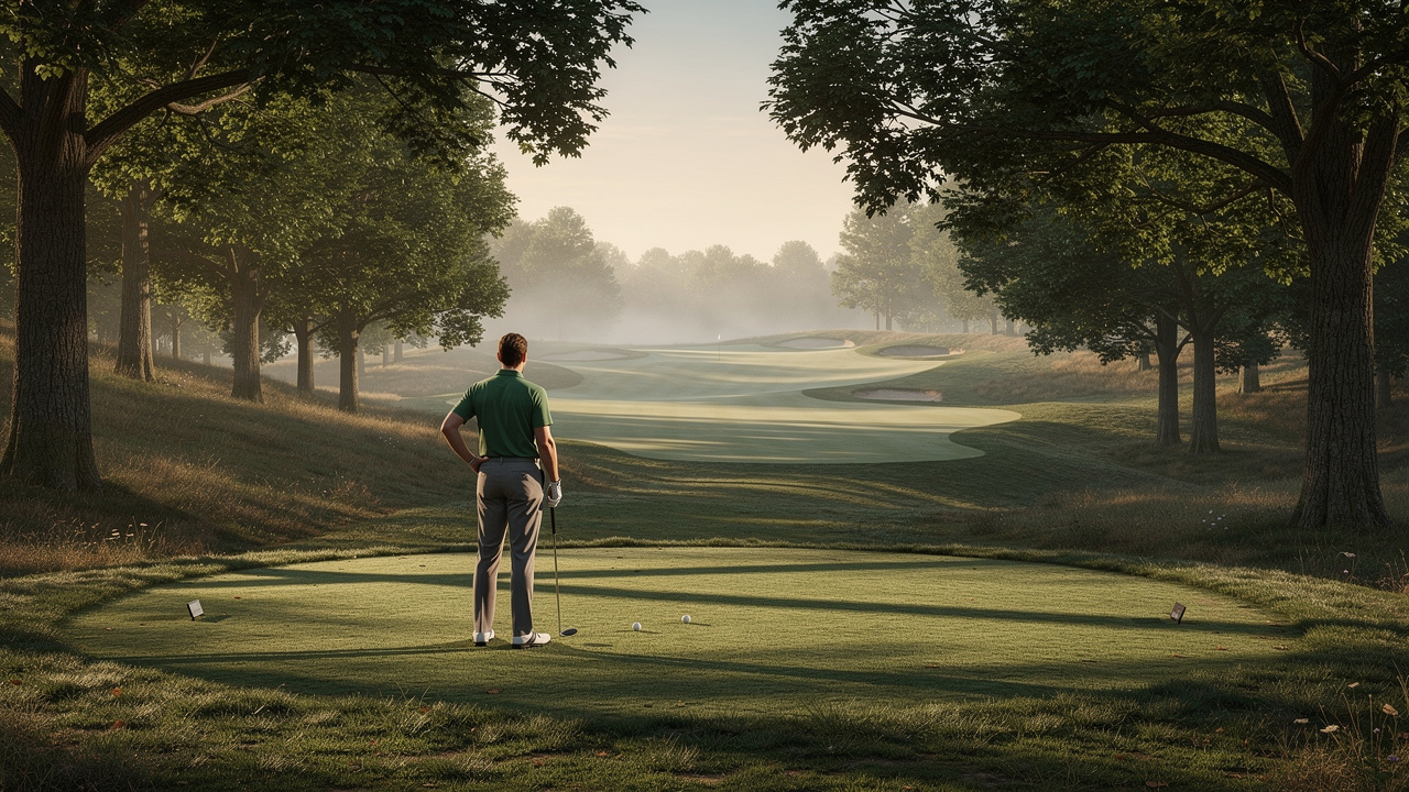 Golfer contemplating shot with calm confidence