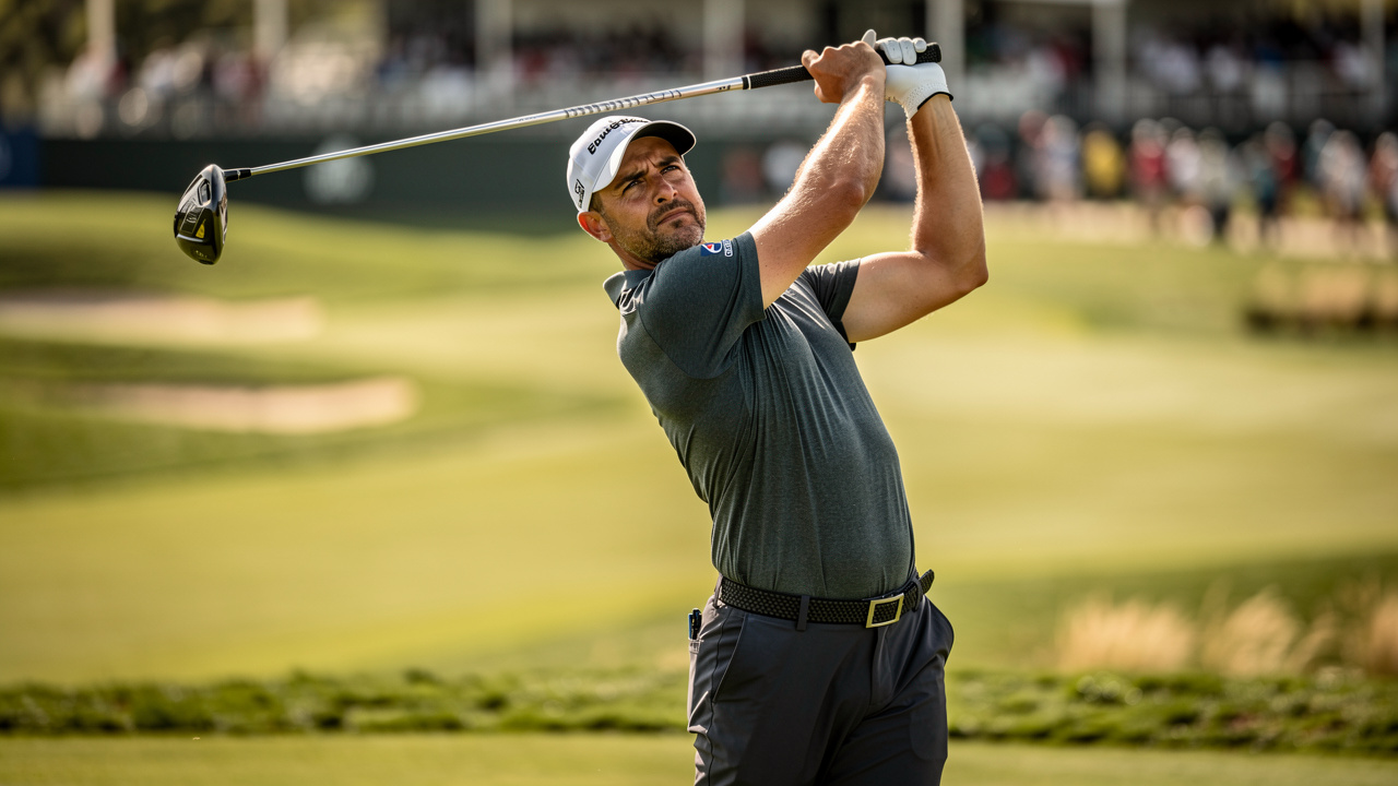 Golfer executing smooth swing under pressure