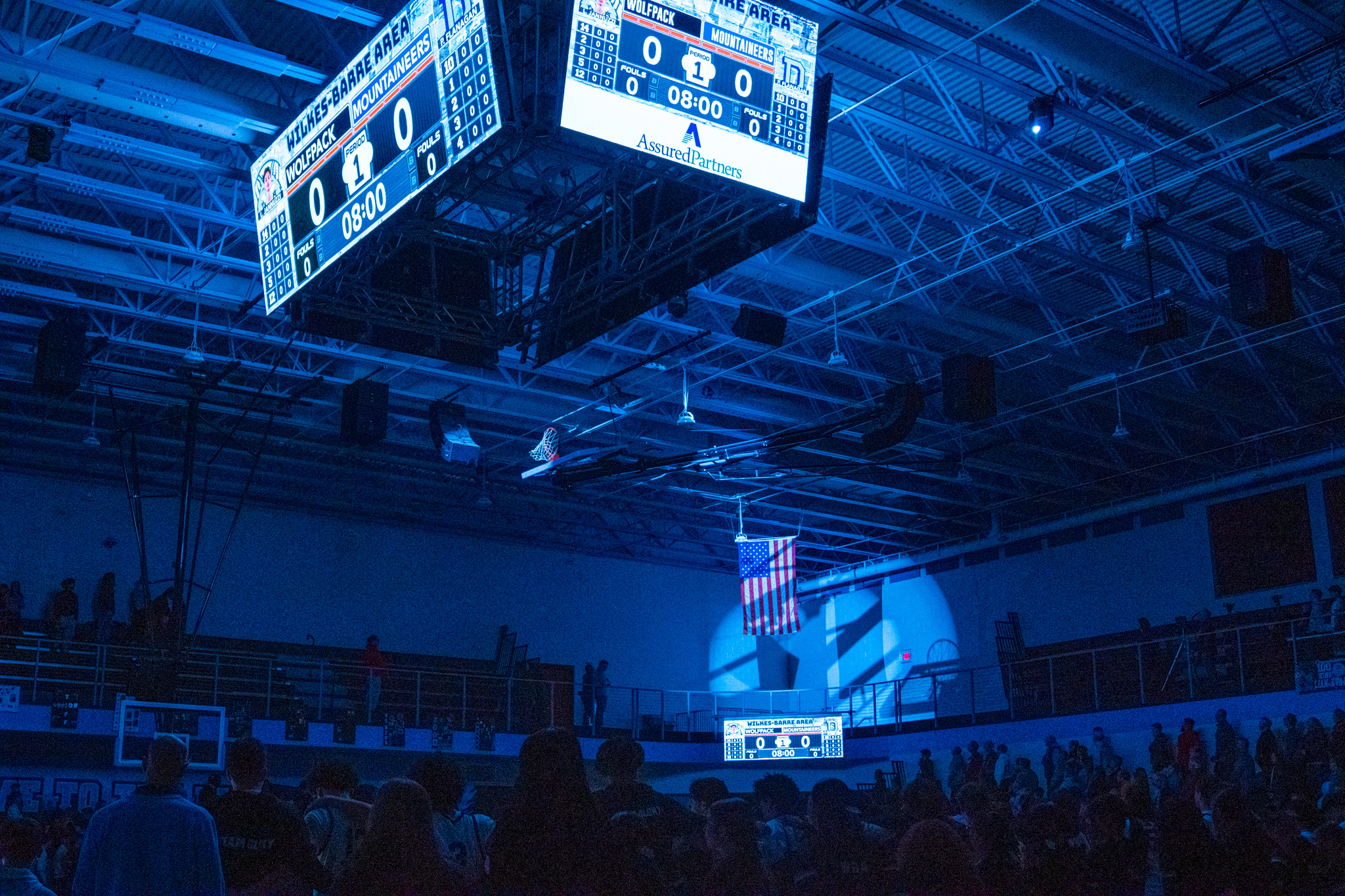 Wilkes-Barre high school gym with new LED digital scoreboards