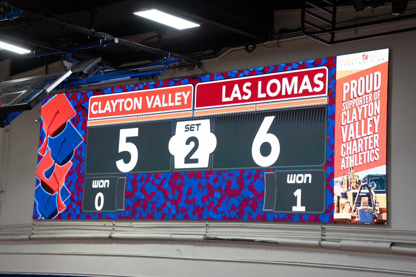 Extra wide indoor video scoreboard at Clayton Valley Charter High School