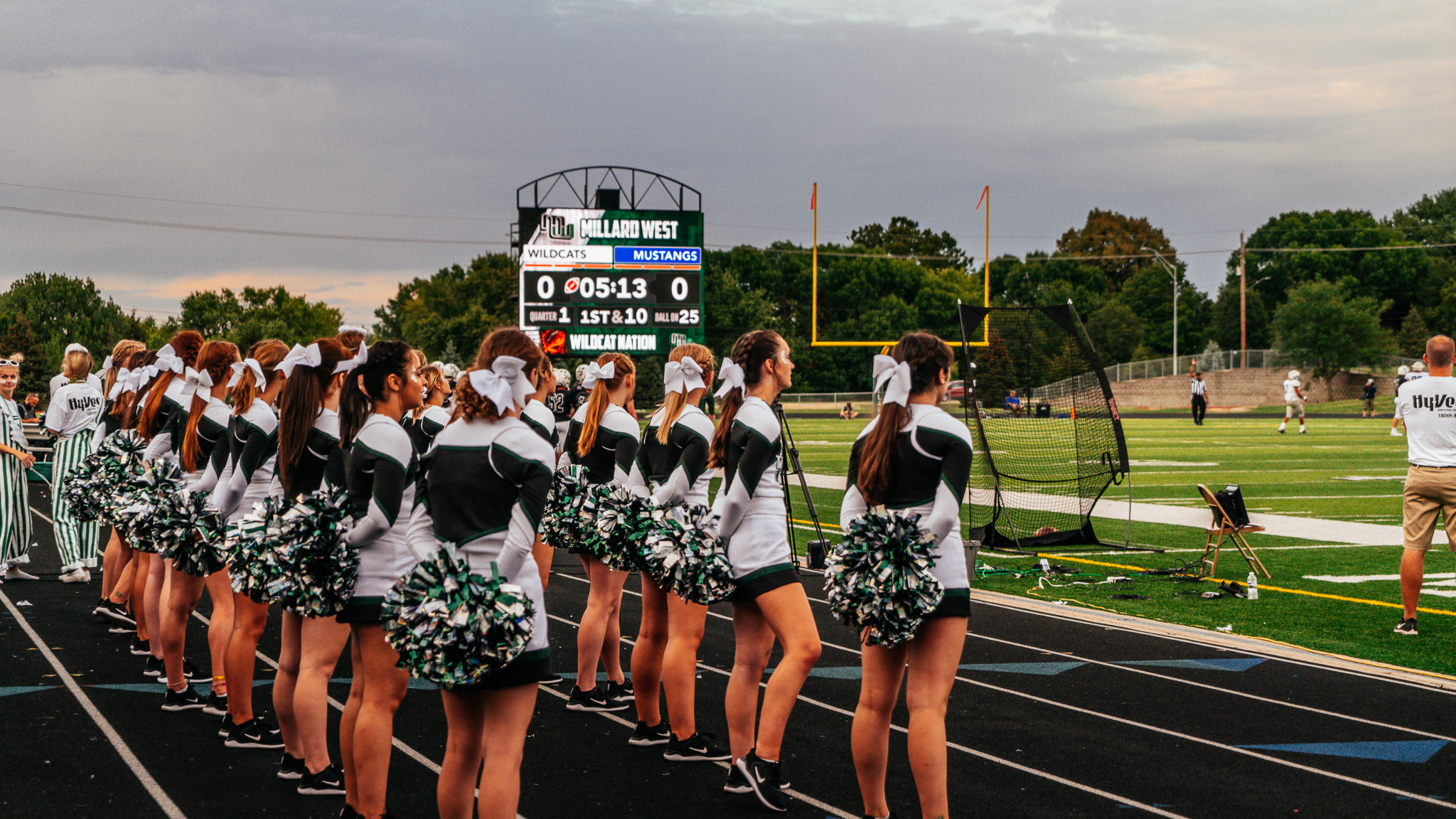 Millard West High School football LED scoreboard cheerleading kick off