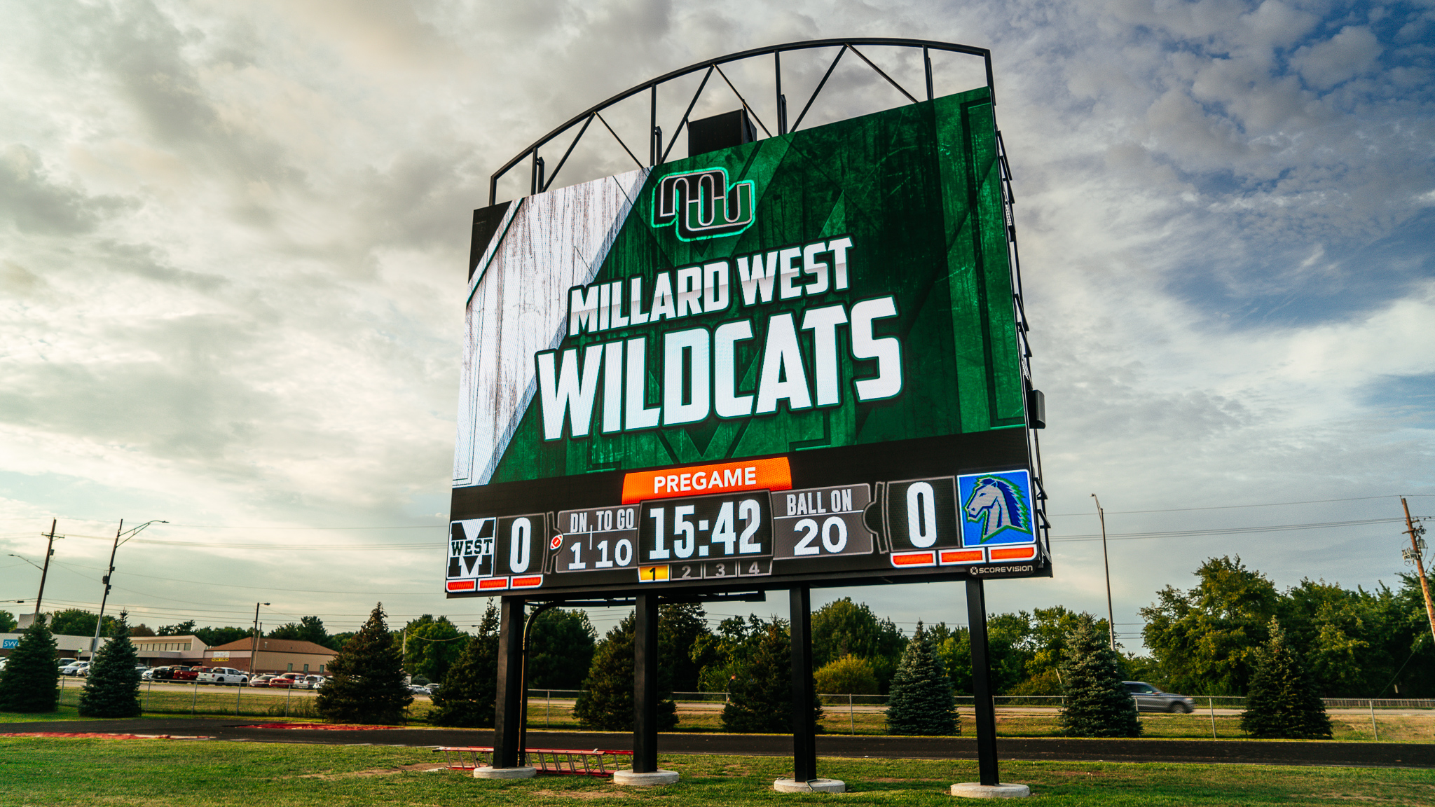 Millard West outdoor digital scoreboard provided by Scoreboard Media for scoreboard advertising