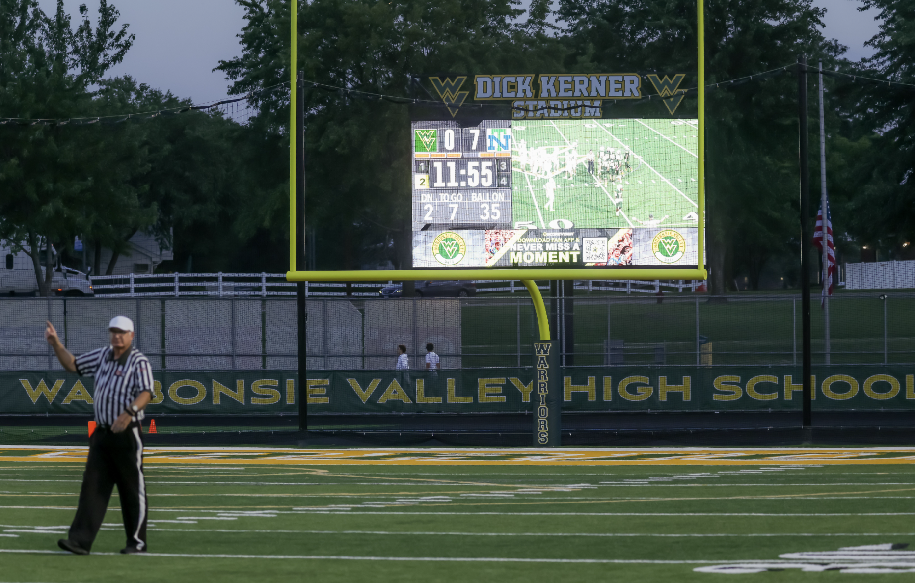 Waubonsie Valley Football stadium scoreboard advertising high school sports sponsorships