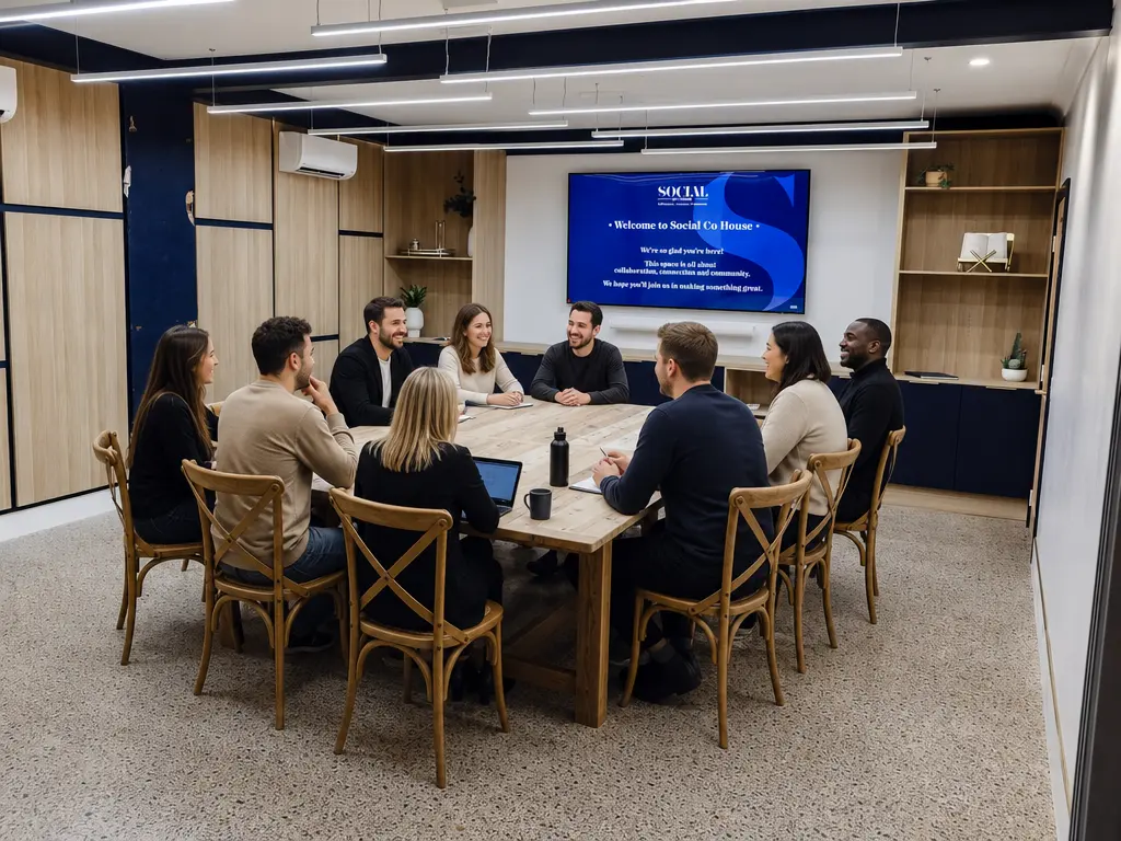A group meeting in the Ground Floor Boardroom at Social Co House
