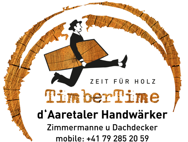 Logo mit einer stilisierten Person, die ein Holzbrett hält und springt, umgeben von einer Holzringzeichnung und dem Schriftzug TimberTime.