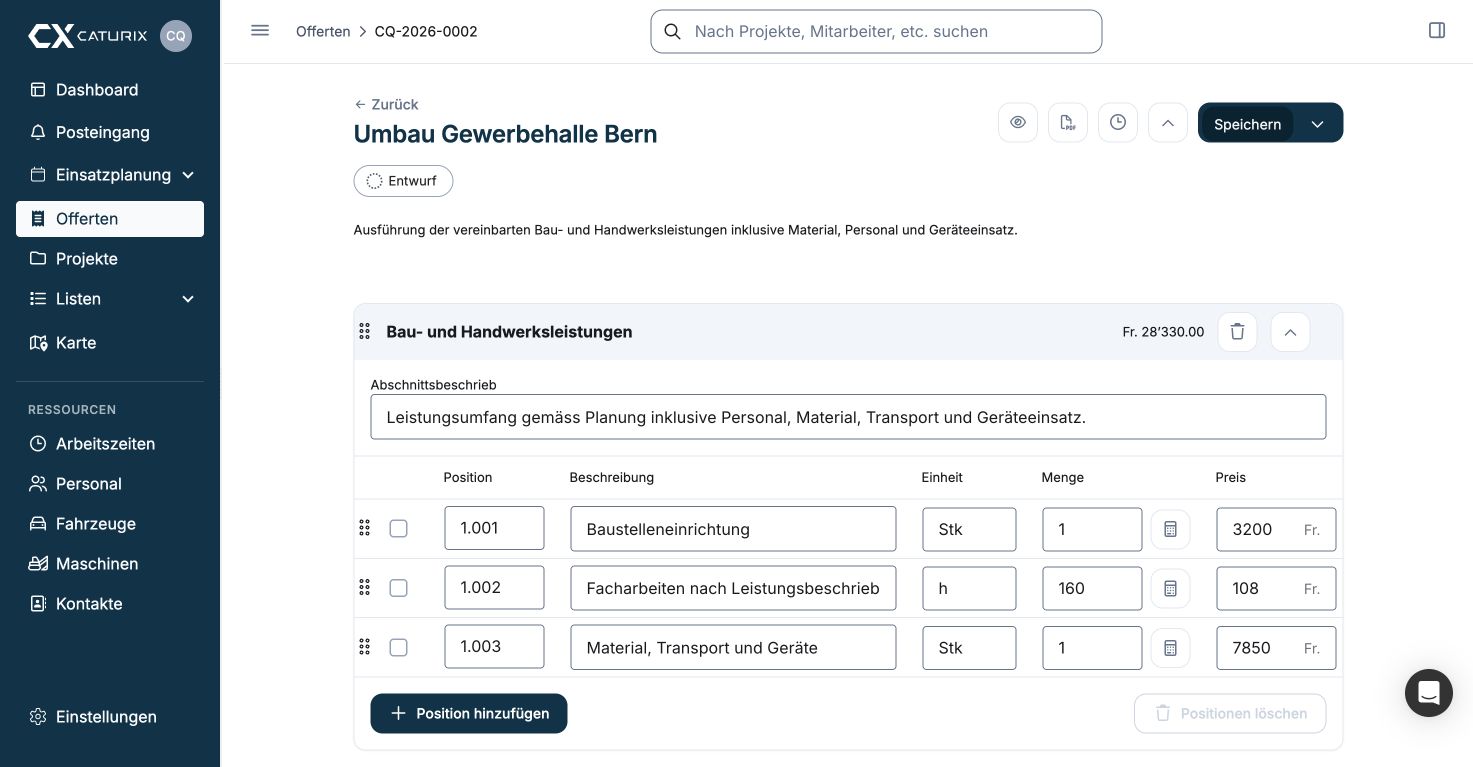 Current Caturix custom quotation editor for construction and trade businesses
