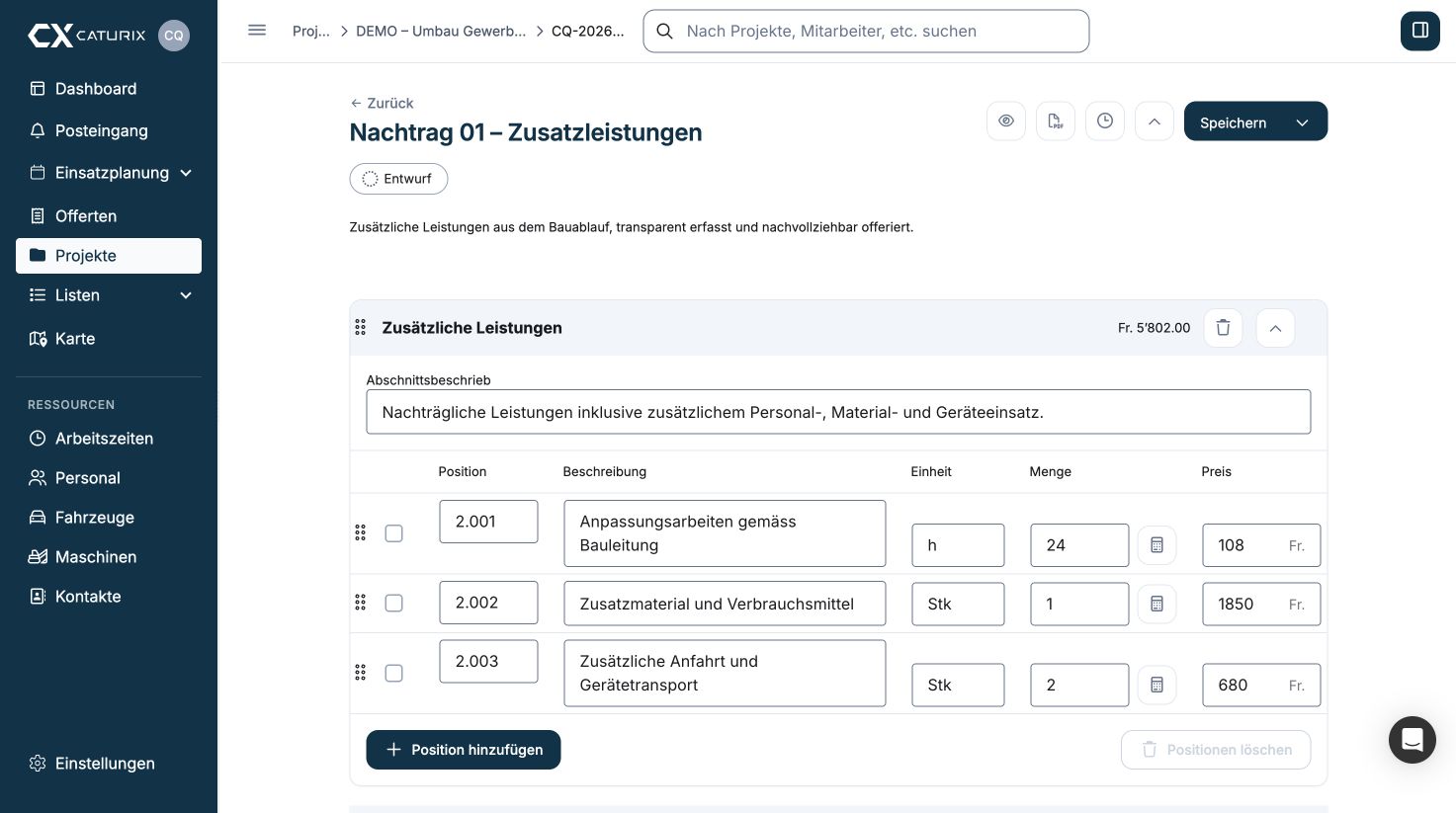 Caturix Nachtragsofferte mit zusätzlichen Bau- und Handwerksleistungen