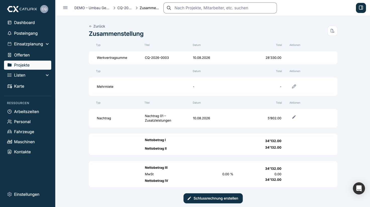 Caturix Zusammenstellung aus Grundofferte und Nachtrag