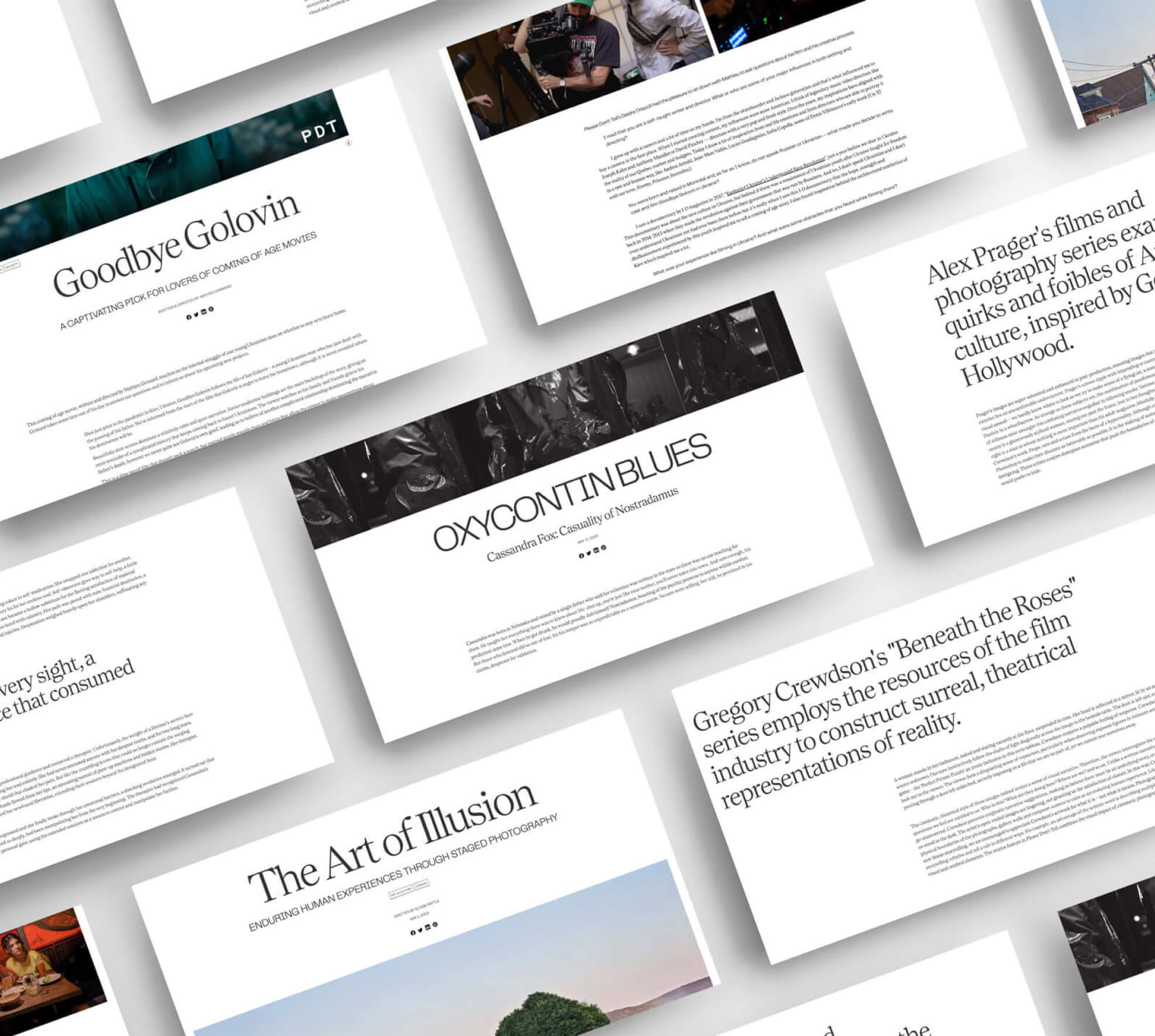 Please Don't Tell website screens laid out side by side on a white background