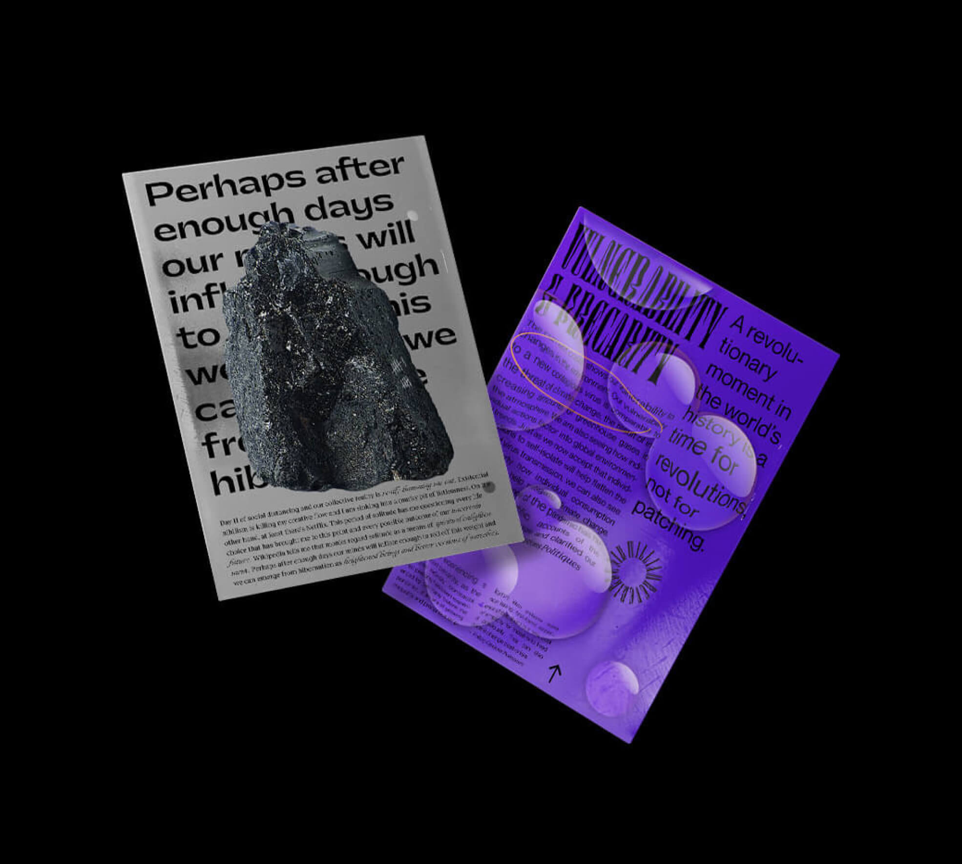 Two posters designed by Deidre Driscoll one grey with a rock and poetry and the other purple with bubbles overlaid and text