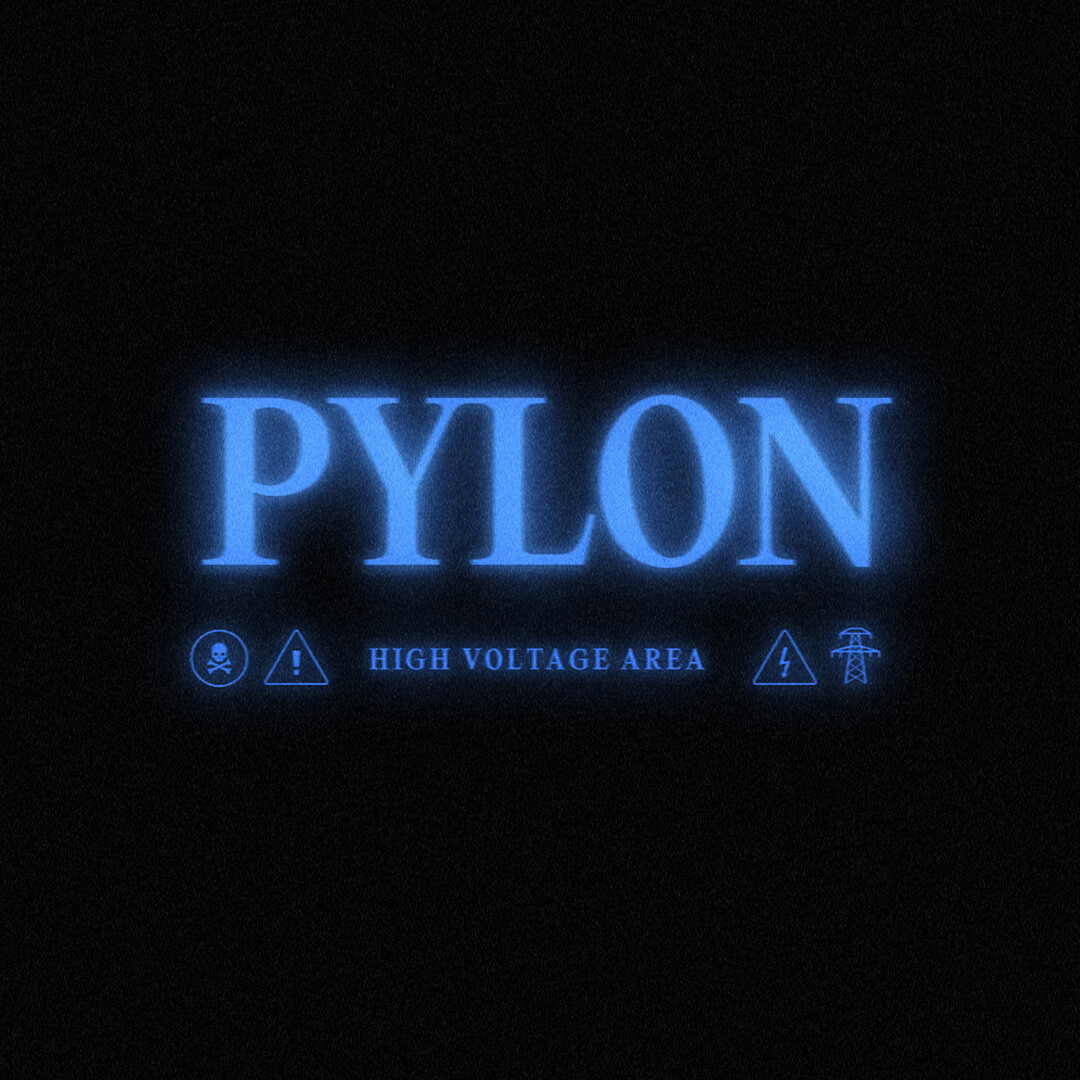 Blurred electric blue serif text reading PYLON in all caps and in smaller all caps underneath the text HIGH VOLTAGE AREA flanked on both sides by danger and pylon icons in the same burred blue style