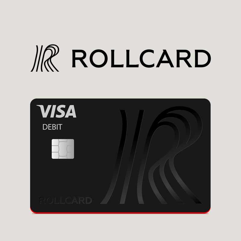 Rollcard Visa debit card shown against a dark background