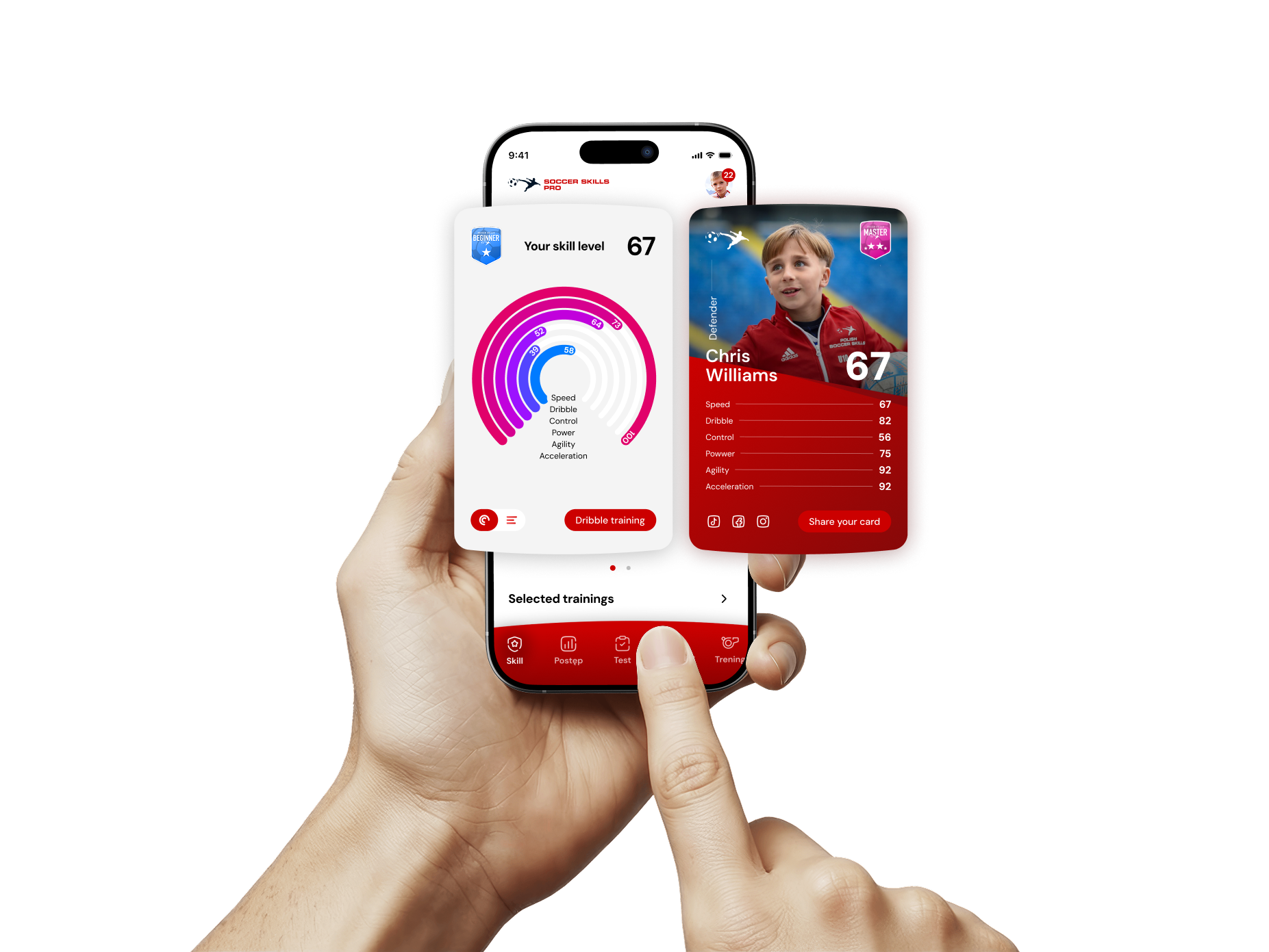 Hand holding iPhone displaying training app - React Native development