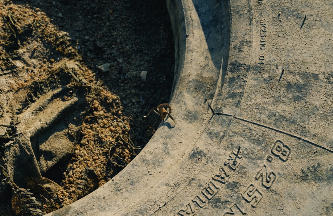 Close-up of a dirty tire with sand