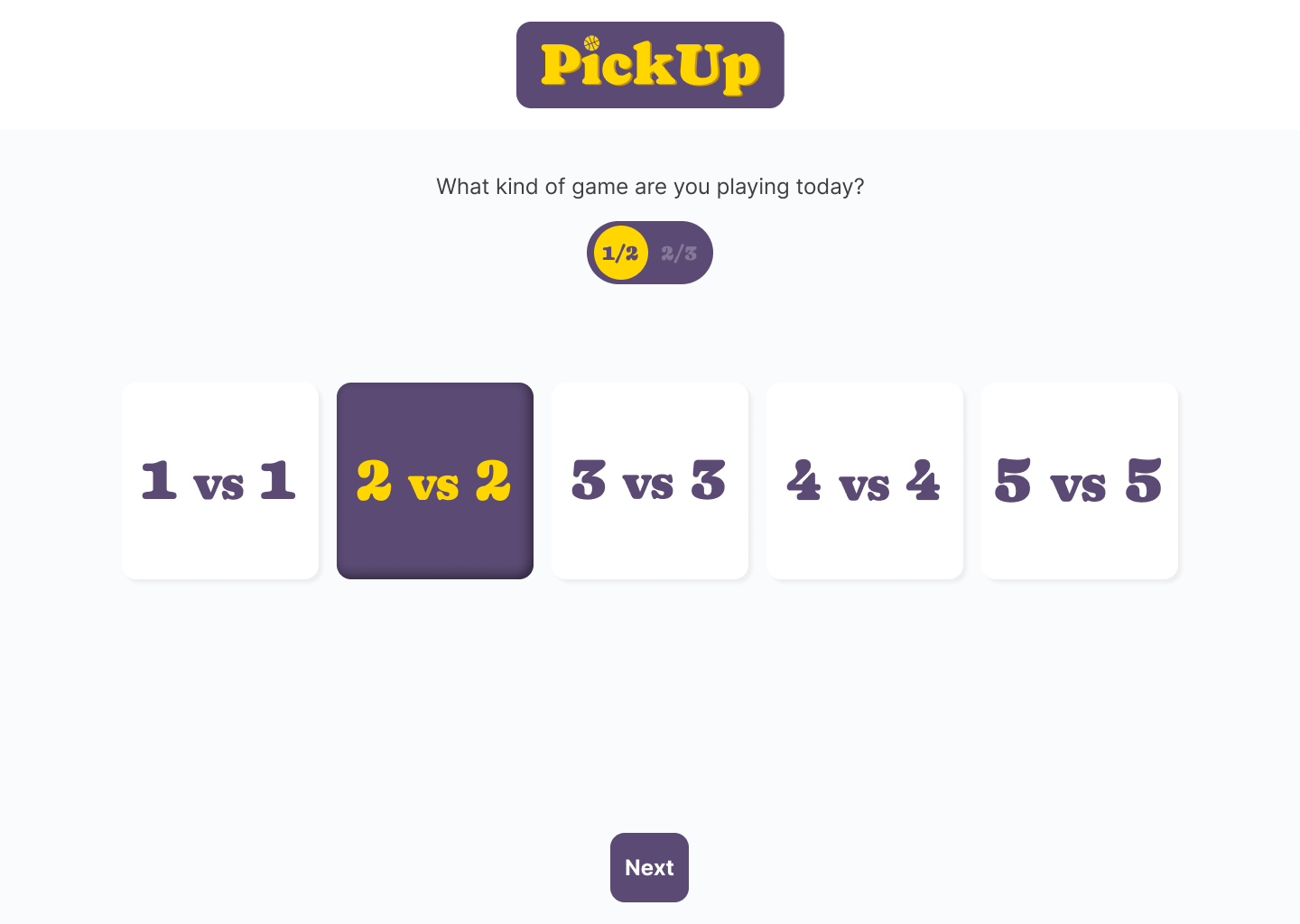 The team selection screen on PickUp with 2v2 selected.