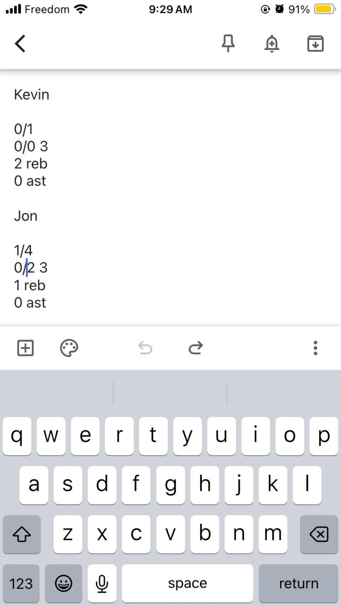 Screenshot of Google Keep, where I initially tried to track stats.