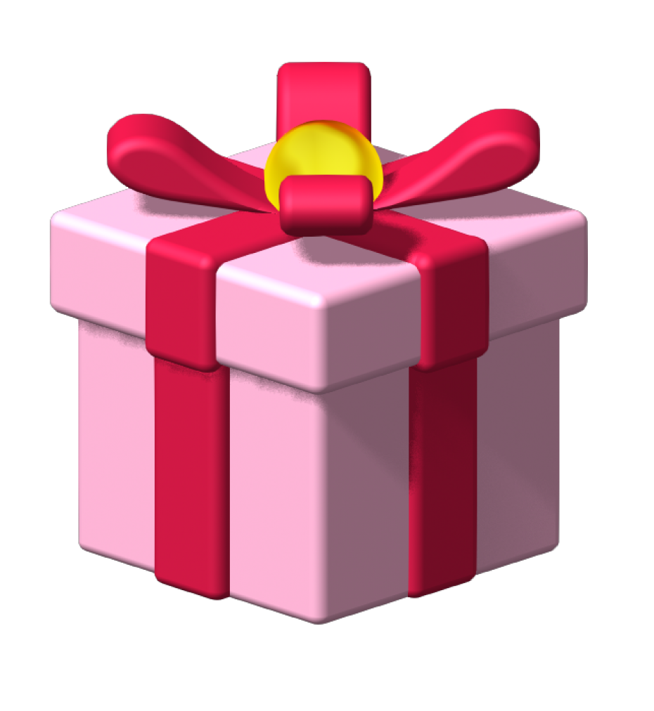 A pink christmas present wrapped in red ribbon with a gold ball on top