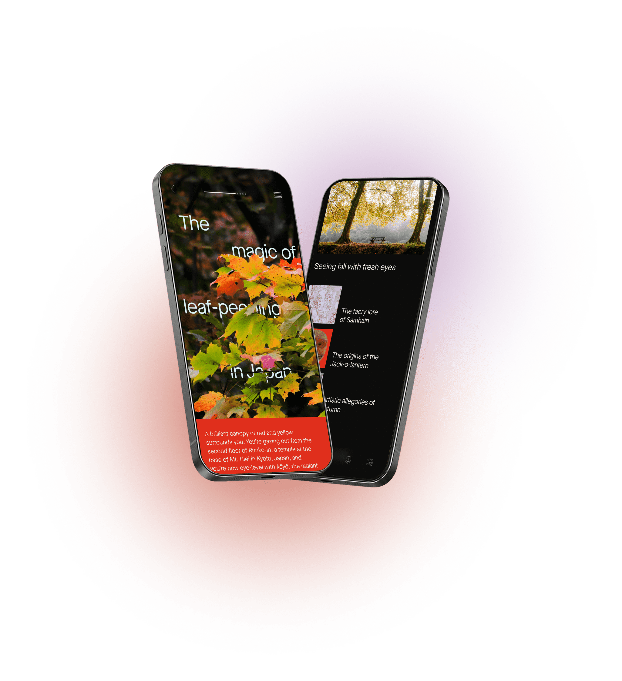 Two phone screens with imagery are tiled towards each other.