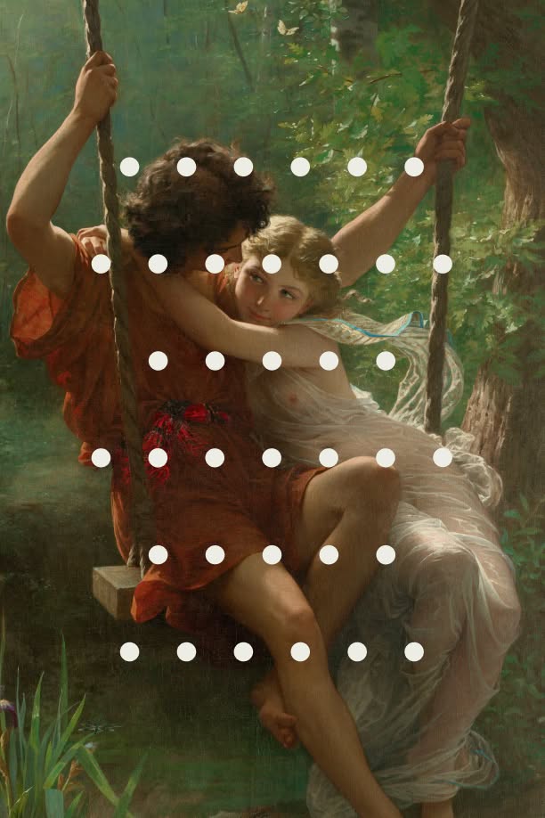 A painting by Pierre Auguste Cot made in 1873 depicting a young couple embracing on a rope swing in a lush forest, the woman in a flowing white dress and the man in red. Rows of white circular dots are overlaid across the image.